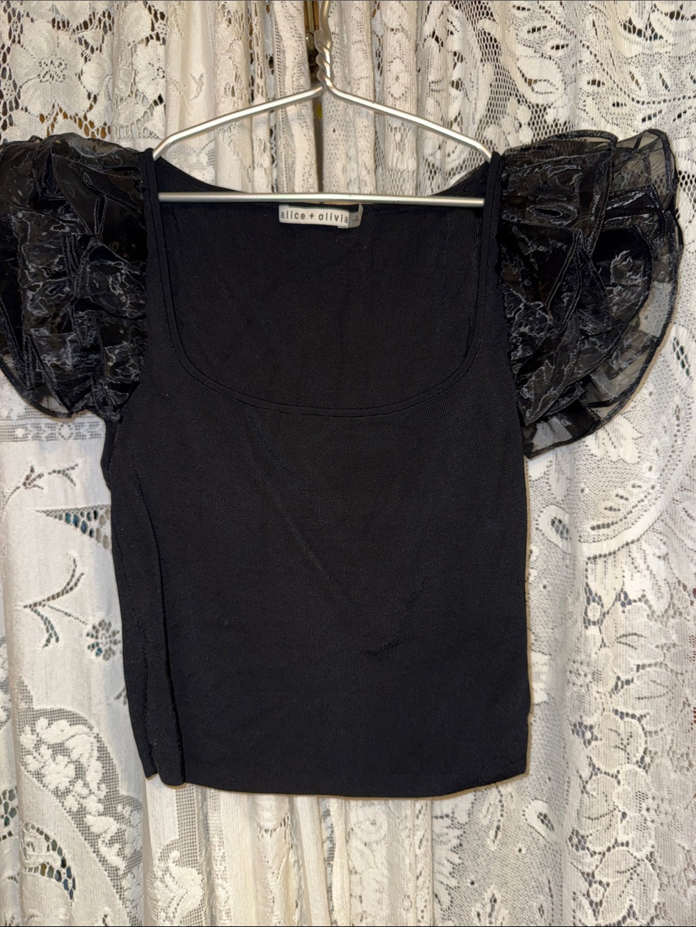 Alice + Olivia Black Puff-Sleeve Square Neck Crop Top M